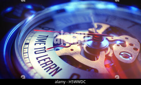 Time To Learn - Wording on Vintage Pocket Watch. 3D. Stock Photo