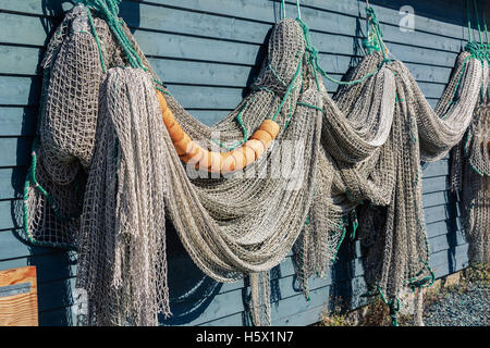 An old fishing net hanging on rustic wooden wall Stock Photo - Alamy