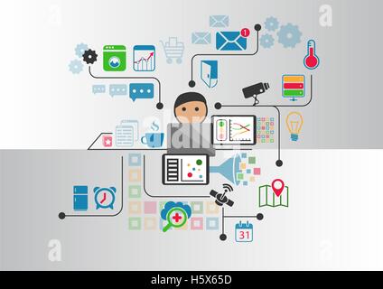 Smart home automation vector background with person controlling appliances from notebook Stock Vector