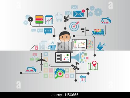 Industrial internet or industry 4.0 vector background with person controlling connected objects from notebook Stock Vector