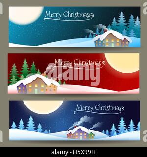 Set of Christmas banners with small village in winter forest against full moon sky. Vector Illustration. Stock Vector