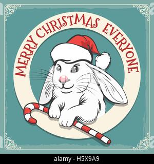 Merry Christmas hand draw greeting card in vintage style. Rabbit with Candy cane and lettering against background with grunge el Stock Vector