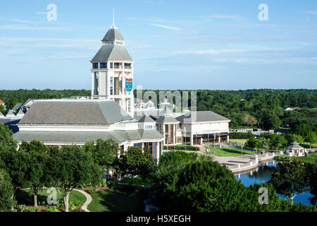 St. Saint Augustine Florida,World Golf Village,water,lake,Hall of Fame,tower,outside exterior,FL160802003 Stock Photo