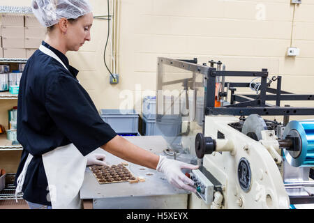 St. Saint Augustine Florida,Whetstone Chocolates,interior inside,factory,production line,chocolate candy,adult adults,woman women female lady,worker,w Stock Photo