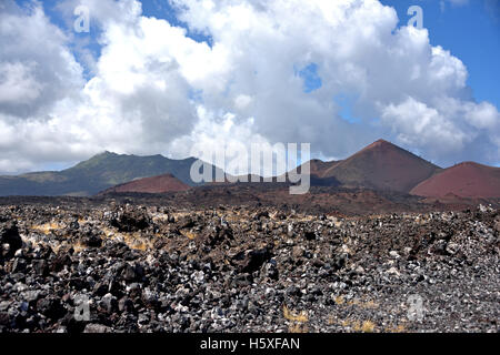 Sisters Peak and Green Mountain looking south across the lava fields from English Bay Road on Ascension Island Stock Photo