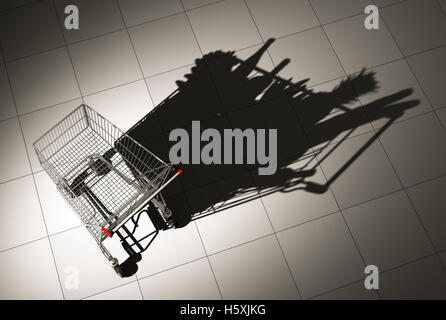 Empty Shopping Cart Cast Shadow On The Floor As Shopping Cart Full Of Food Stock Photo