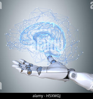 Robot hand holding virtual brain scheme Stock Photo