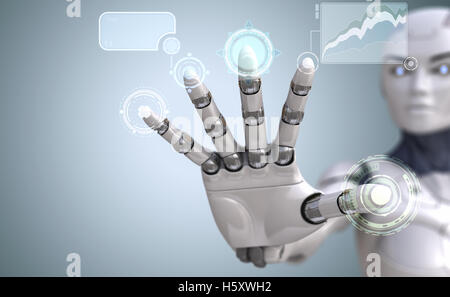 Robot hand touches Sci-Fi interface Stock Photo