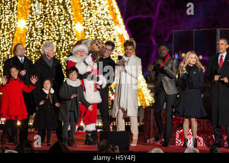 Stephen Stills, Graham Nash, Santa Claus, Miss Piggy, Guest, Andra Day, Aloe Blacc, Reese Witherspoon, President Barack Obama at the 2015; National Christmas Tree Lighting on December 3rd; 2015 in Washington D.C. Stock Photo