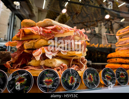 A tower of Jamón Iberico sandwiches ready for sale Stock Photo
