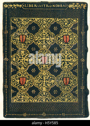 An example of 15th century German bookbinding, boards covered with tooled leather and gold decoration. Stock Photo