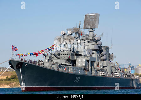 View of the large anti-submarine ship 'Kerch' of the Black Sea Fleet in the parade raid in Sevastopol Bay, Crimea Republic Stock Photo