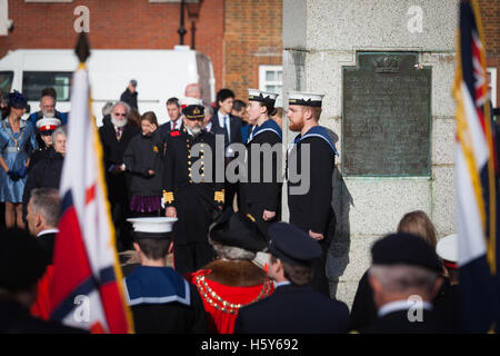 People take part in the laying of wreaths at the statue of Lord Nelson in the annual service for seafarers. Lord-Lieutenant of Hampshire, NIGEL ATKINSON and Lord Mayor of Portsmouth, Councillor DAVID FULLER, have taken part in the annual Seafarer's Service held at Portsmouth Cathedral, and the laying of wreaths at the statue of Lord Nelson. The service is held annually, on the first Sunday prior to the anniversary of the Battle of Trafalgar, 21st October, and remembers those who have lost their lives at sea, and also commemorates the life of Lord Horatio Nelson. Stock Photo