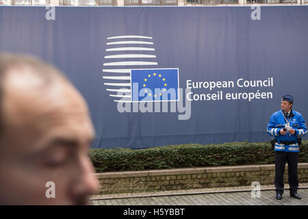 Brussels, Belgium. 20th October, 2016. A Belgian policeman stands at the entrance of the European Council building in Brussels (Belgium). Credit:  Paul-Marie Guyon/Alamy Live News Stock Photo
