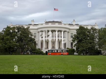 Washington, District of Columbia, USA. 21st Oct, 2016. The Old Town Trolley awaits guests to ferry to the tent on the South Lawn of the White House for BET's 'Love and Happiness: A Musical Experience'' concert in Washington, DC on Friday, October 21, 2016.Credit: Ron Sachs/Pool via CNP Credit:  Ron Sachs/CNP/ZUMA Wire/Alamy Live News Stock Photo