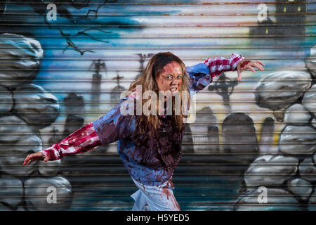 Horror portrait bloodstained soaked night art; Southport, Merseyside, UK, October, 2016. Happy Halloween at Pleasureland, Spookport, Southport’s unique Festival 2016, with spookier, ghoulish goings on than ever before.  Strange, ghostly and spine tingling events have been going on for months in Pleasureland and the attractions continue to build on the approach to All Hallow's Eve as the spirits come out to play. Pleasureland hosts its annual Happy Halloween spectacular, a week packed full of brilliant, Halloween family fancy dress fun figures. Stock Photo