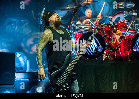 KORN performing at an exclusive live event presented by SiriusXM Radio at The Theatre At The Ace Hotel in Downtown Los Angeles, CA USA to celebrate the release of their new album The Serenity Of Suffering on October 21, 2016. Photo © Kevin Estrada/Media Punch Stock Photo