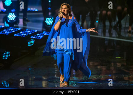 Dortmund, Germany. 21st Oct, 2016. Singer Romina Power performing during the shooting of the TV show 'Schlagerboom - Das internationale Schlagerfest' at Westfalenhalle in Dortmund, Germany, 21 October 2016. The music TV show will be broadcasted on ARD on 22 October 2016. PHOTO: WOLFRAM KASTL/dpa/Alamy Live News Stock Photo