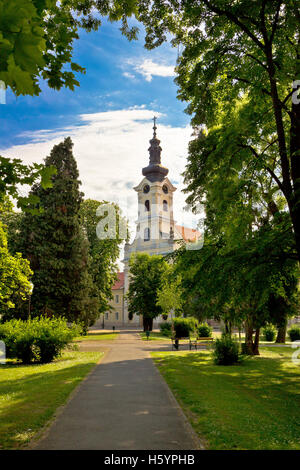 Town of Bjelovar park and church vertical view, Croatia Stock Photo