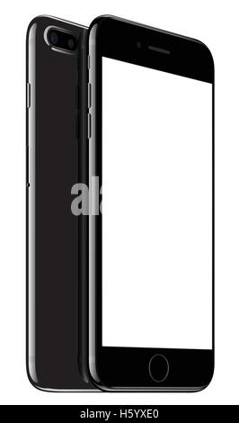 Vector illustration of Jet Black iPhone 7 Plus on white background. Devices displaying blank screen. Stock Vector