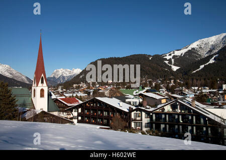 St. Oswald Parish Church, townscape, Seefeld, Tyrol, Austria, Europe Stock Photo
