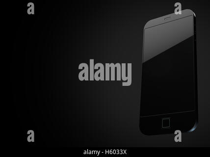 A 3D render of a modern all black generic smart phone on an isolated black studio  background Stock Photo