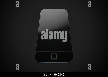 A 3D render of a modern all black generic smart phone on an isolated black studio  background Stock Photo