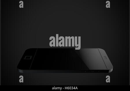 A 3D render of a modern all black generic smart phone on an isolated black studio  background Stock Photo