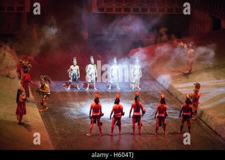 Performers at Xcaret playing ullamaliztli Stock Photo