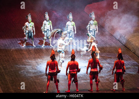 Performers at Xcaret playing ullamaliztli Stock Photo