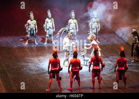 Performers at Xcaret playing ullamaliztli Stock Photo