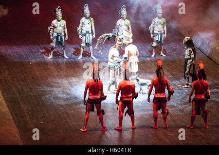 Performers at Xcaret playing ullamaliztli Stock Photo