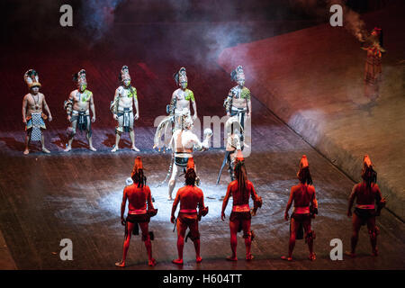 Performers at Xcaret playing ullamaliztli Stock Photo