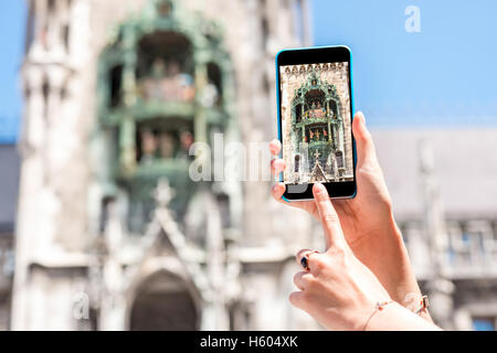 Clock tower on the town hall in Munich Stock Photo