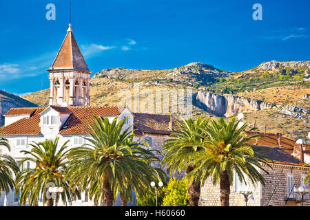 Trogir landmarks and mountain cliffs background, UNESCO town in Croatia Stock Photo