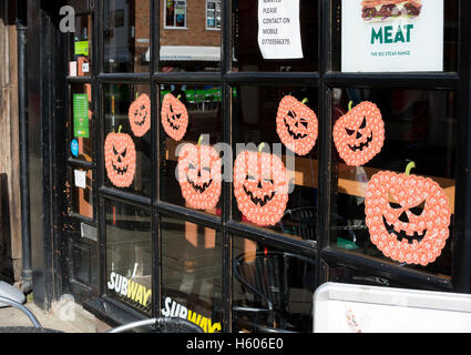 Subway sandwich shop Halloween window, Stratford-upon-Avon, UK Stock Photo