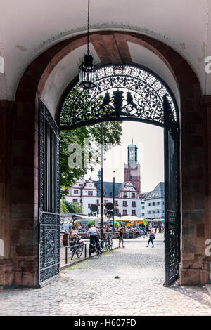 Darmstadt, Germany. View of old town hall & market square through door of The Stadtschloss (City Palace) or Residential Palace Stock Photo