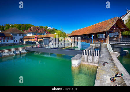 Spreuer bridge in the old city center of Luzern with the hotel chateau Guetsch in the background, Luzern, Switzerland Stock Photo