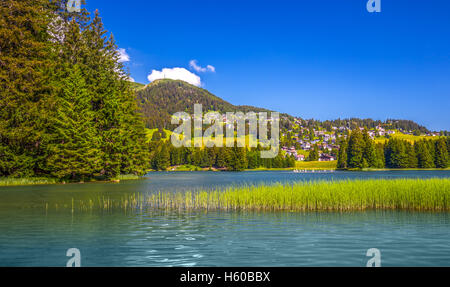 Lenzerheide village with Haidisee, Arose Rothorn and Swiss Alps, Grisons, Switzerland