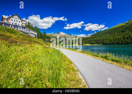 Sankt Moritz lake. St. Moritz (German - Sankt Moritz; Italian - San Maurizio) is a high Alpine resort in th Stock Photo
