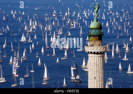 Trieste, Italy. October 9th, 2016.  48th edition of the Barcolana regatta which was attended by 1,752 boats. In the foreground the 'Faro della Vittoria', the lighthouse of the City. Stock Photo