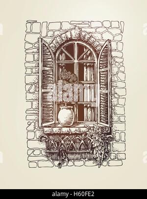 Window with wooden shutters. Vintage sketch. Vector illustration Stock Vector