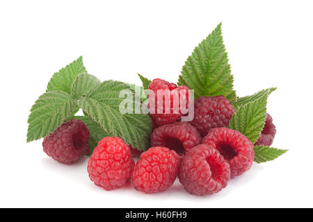Raspberry fruit with leaf closeup isolated on white Stock Photo