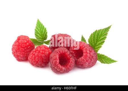Raspberry fruit with leaf closeup isolated on white Stock Photo