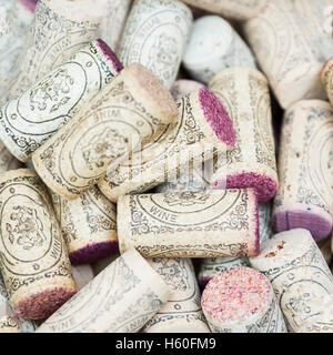 Used wine corks. Square image. A random selection of used wine corks. Closeup pattern background of many different wine corks. Stock Photo