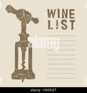 wine list page with an illustration of a vintage corkscrew Stock Vector