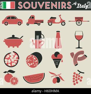 Souvenirs of Italy. 16 flat simple pictogram of peculiar items Stock Vector