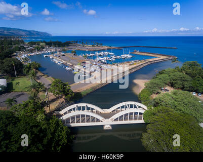 Aerial view of Anahulu bridge and Harbor boat harbor in Hale'iwa on the north shore of Oahu Hawaii USA Stock Photo