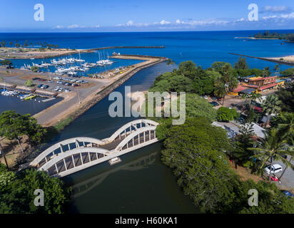 Aerial view of Anahulu bridge and Harbor boat harbor in Hale'iwa on the north shore of Oahu Hawaii USA Stock Photo