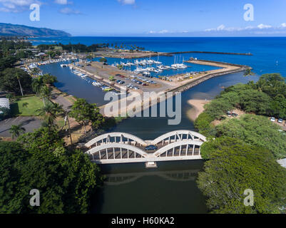 Aerial view of Anahulu bridge and Harbor boat harbor in Hale'iwa on the north shore of Oahu Hawaii USA Stock Photo